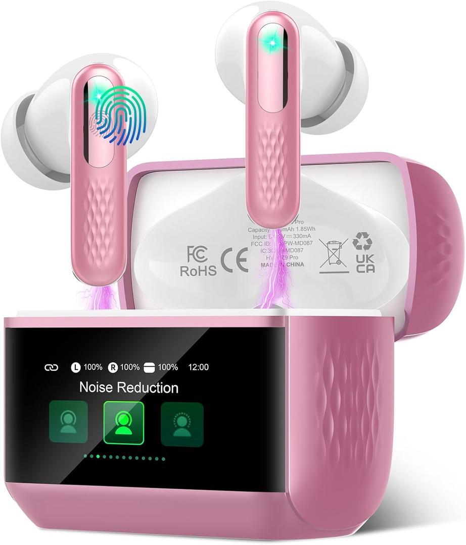 Wireless Earbuds with Touch Screen, Bluetooth 5.4 Headphones, ANC/ENC Noise Cancelling, Babypink