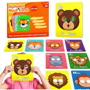 2 x 26 PCS Alphabet Mask Cards, Colorful Alphabet ABC Flash Cards with Animal Mask, Giant Letter ABC Animal Faces Flash Learning Flashcards