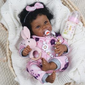 WOOROY Realistic Reborn Baby Doll Black Girl 18 Inch African American Newborn Baby with Soft Body, Lifelike Handmade Real Life Adorable Gift with Accessories for Kids Age 3+