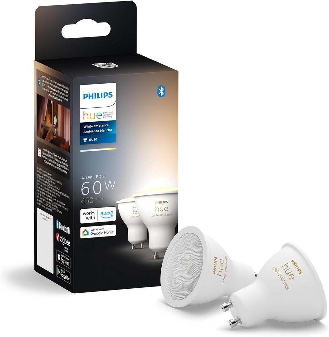 Philips Hue White Ambiance 2-Pack LED Smart GU10 Bulb, Bluetooth & Zigbee Compatible (Hue Hub Optional), Voice Activated with Alexa