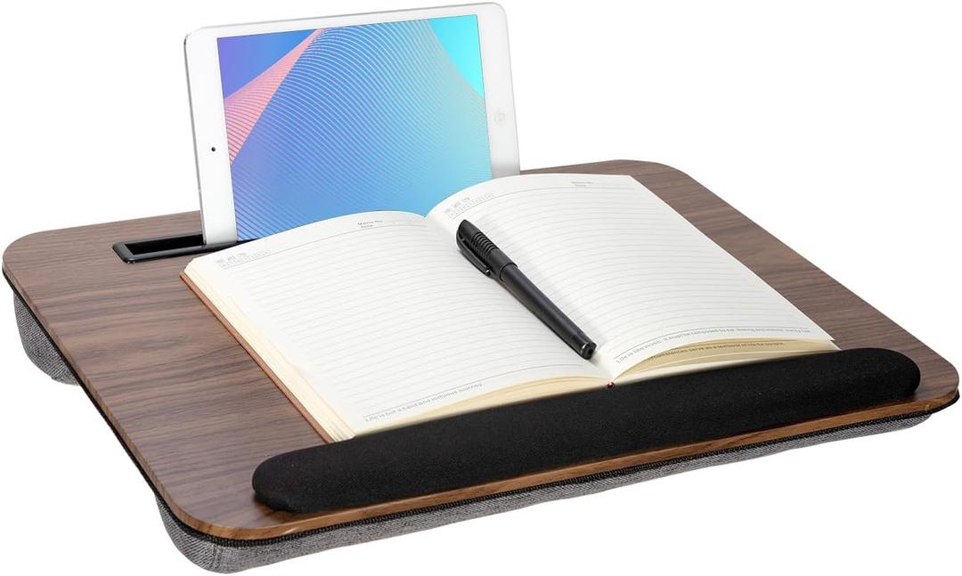Portable Laptop Desk Fits Up to 16 Laptops, with Tablet Slot, Built-in Cushion, Great for Home & Office,Lap Desk with Cushion (Brown with Wrist Rest, Medium)
