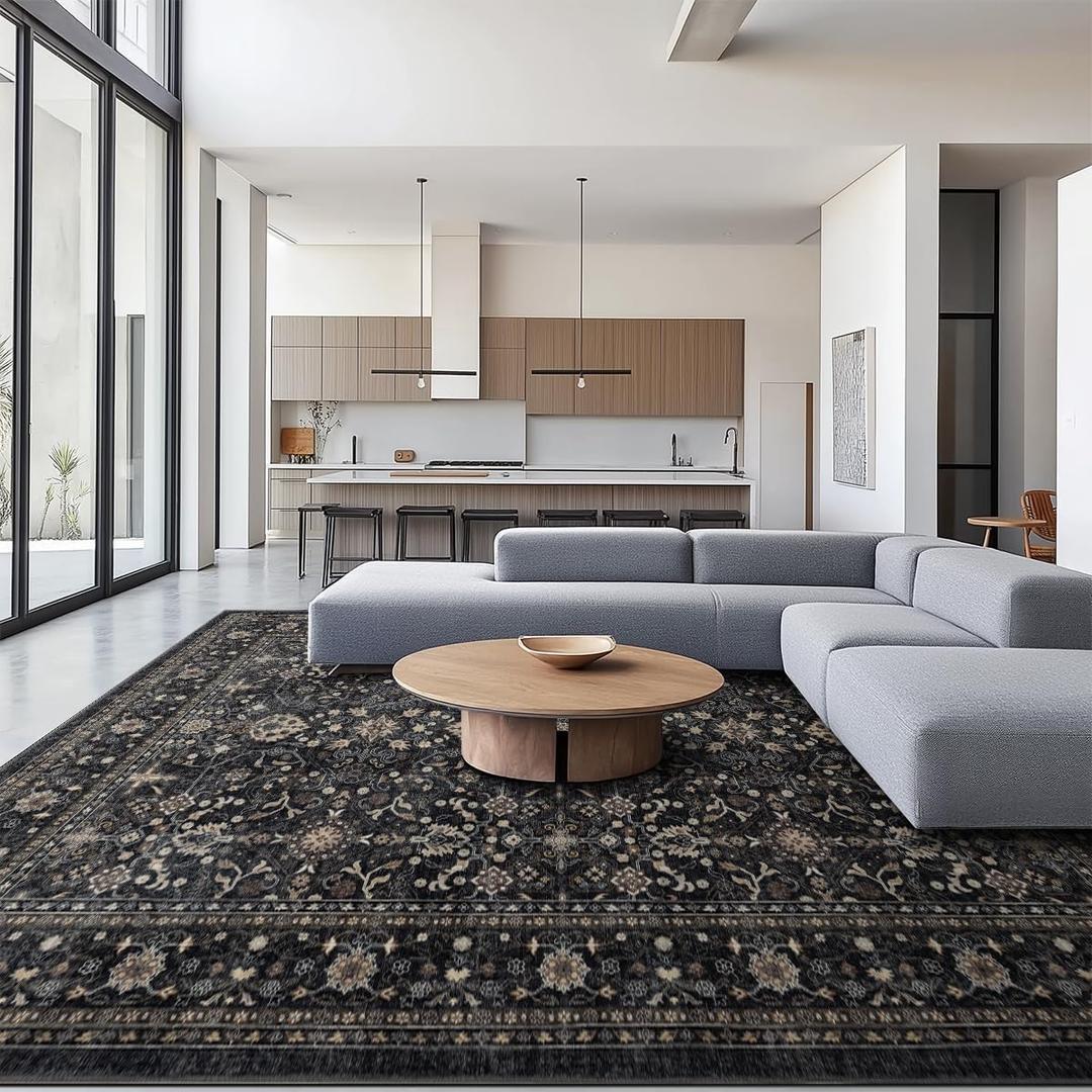 Ruaruarug Washable Area Rug 10×14 for Living Room, Ultra Soft, Black Grey