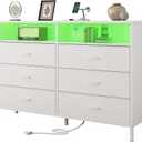 Dresser For Bedroom, White Bedroom Dresser With LED Lights And Charging Station, 6 Long Drawers Dresser