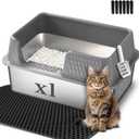 Suhaco Large Stainless Steel Litter Box Side Entry High Sides Deep Metal Cat Litter Boxes with Lid Low Entry Litter Mat and Scoop Litter Pan (Tall Grey)