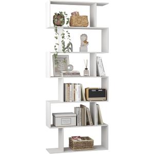 Yusong S Shaped Bookshelf, Modern Geometric Bookcase, 6-Tier White Display Case Book Shelf, 27.8"W x 9.4"D x 74"H