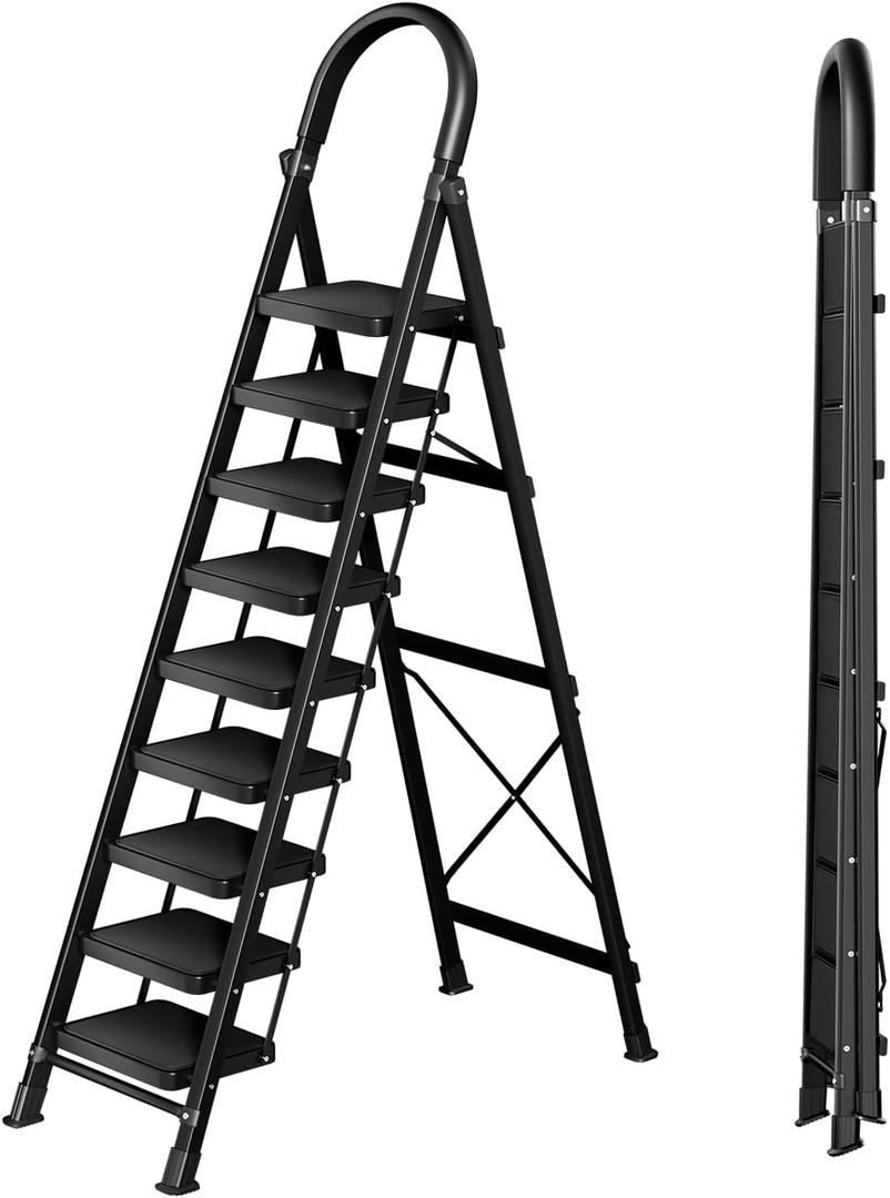 9 Step Folding Ladder,Portable Sturdy Carbon Steel Ladder for Home & Kitchen Use,Heavy - Duty Step Stool with Anti - Slip Pedal and Handrails,Black