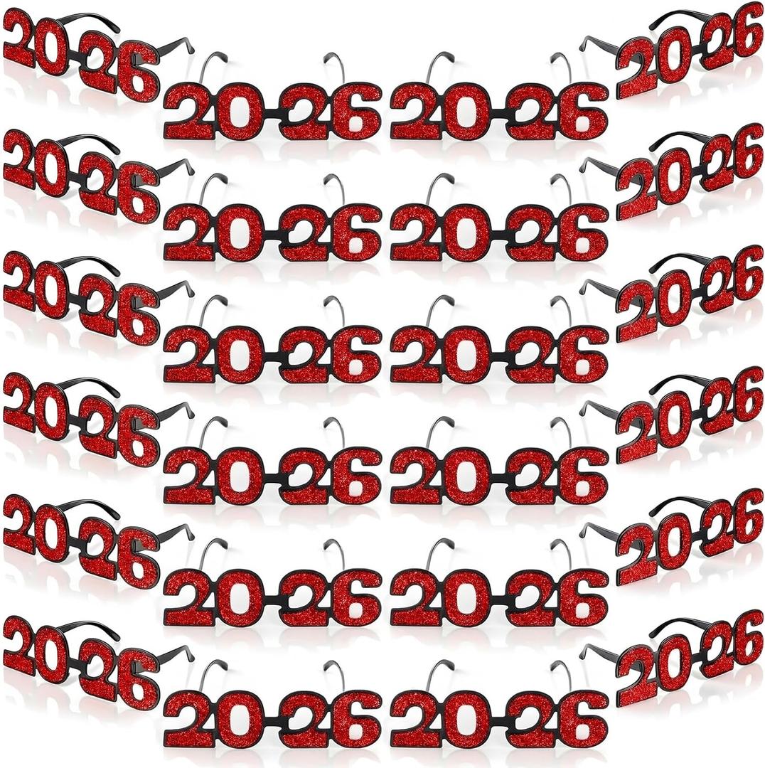 Relaxweex 24 Pcs 2026 Graduation Glasses 2026 Plastic Eyeglasses Glitter Frames Glasses for Graduation Party Favor (Red)