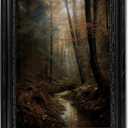 Dark Moody Forest Stream Framed Wall Art, Moody Aesthetic Landscape Canvas Print with Ornate Black Carved Frame, Witchy Gothic Dark Academia Decor for Bedroom, Living Room & Halloween, 24"L x 16"W