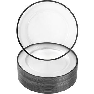 Goodluck 12 Inch Black Charger Plates, 50 Pack Clear Charger Plates with Black Trim, Disposable Plastic Dinnerware, Wedding, Party