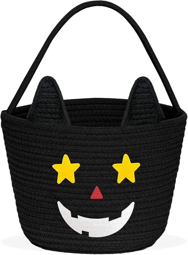 Zrmqh Halloween Basket Personalized Cute Black Cat Pumpkin Cotton Rope Woven Basket Trick or Treat Boo Tote Bags Spooky Halloween Candy Bucket Halloween Party Home Decorations Indoor