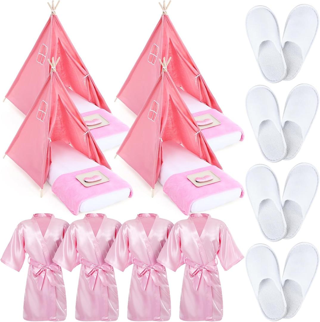 4 Set Girls Sleepover Teepee Tent Kit Inflatable Airbed Bedding Fitted Sheet Pink Satin Kimono Robe Eye Shade Slipper Play Washable Slumber Party Tent for Indoor Outdoor Christmas