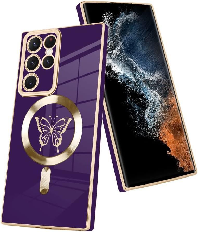 Fiyart Designed for Samsung S22 Ultra Compatible with MagSafe Wireless Charging,Cute Butterfly Phone Case with Camera Lens Protector for Women Girls Men for S22 Ultra 6.8"- Purple