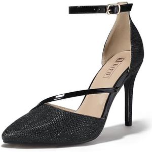 IDIFU Black Pumps Women Closed Toe High Heels Stiletto Dress Shoes for Women Wedding Prom Dressy Party Shoes Fashion Sparkly Glitter Strappy Pointed Toe Ankle Strap Heels Pumps(Black Glitter, 10)