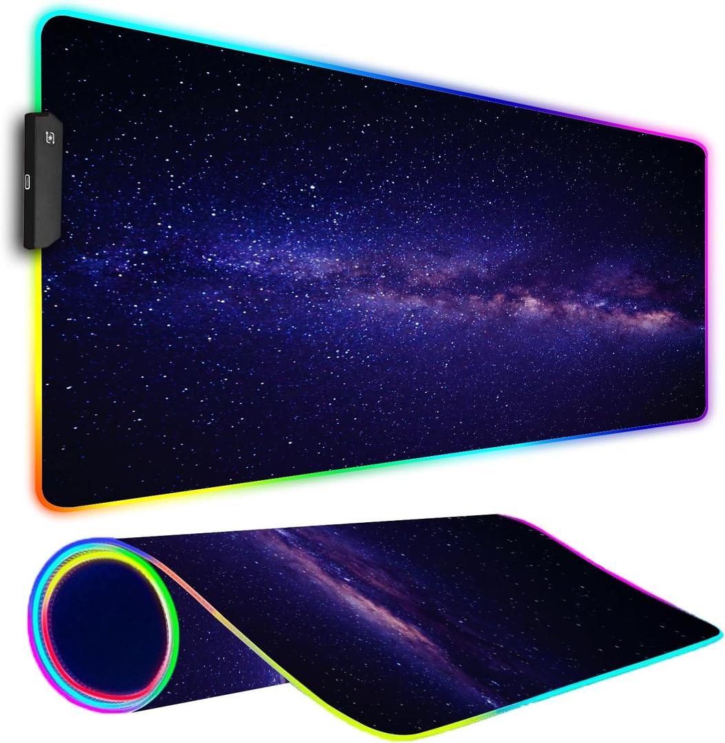 RGB Gaming Mouse Pad, Large Mousepad with Led Light, Gaming Accessories Keyboard Pad for Desk, Non-Slip Rubber Base Big Mouse Mat for Gamer, 31.5 X 11.8 Inch, Black Gold Mountain (09 Purple Space)