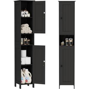 Homleke Tall Bathroom Storage Cabinet with 2 Doors, 67"H Narrow Storage Cabinet with Adjustable Shelves& Anti-Tip Design, Reversible Door Installation, Easy Assembly, 11.8 x 11.8 x 66.9 Inches, Black, 11.8d X 11.8w X 66.9h