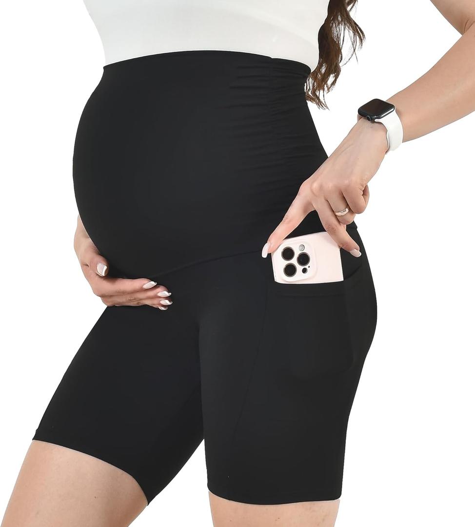 Leafigure Maternity Shorts with Pockets Over The Belly for Women, High Waisted Soft Pregnancy Yoga Pants XL