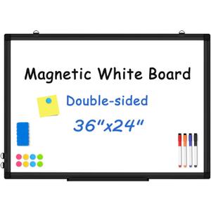 Double-Sided White Board Black Aluminium Frame, 36" x 24" Dry Erase Board Magnetic Whiteboard for Wall, Hanging Mounted Whiteboard Home, School, Office, Kitchen