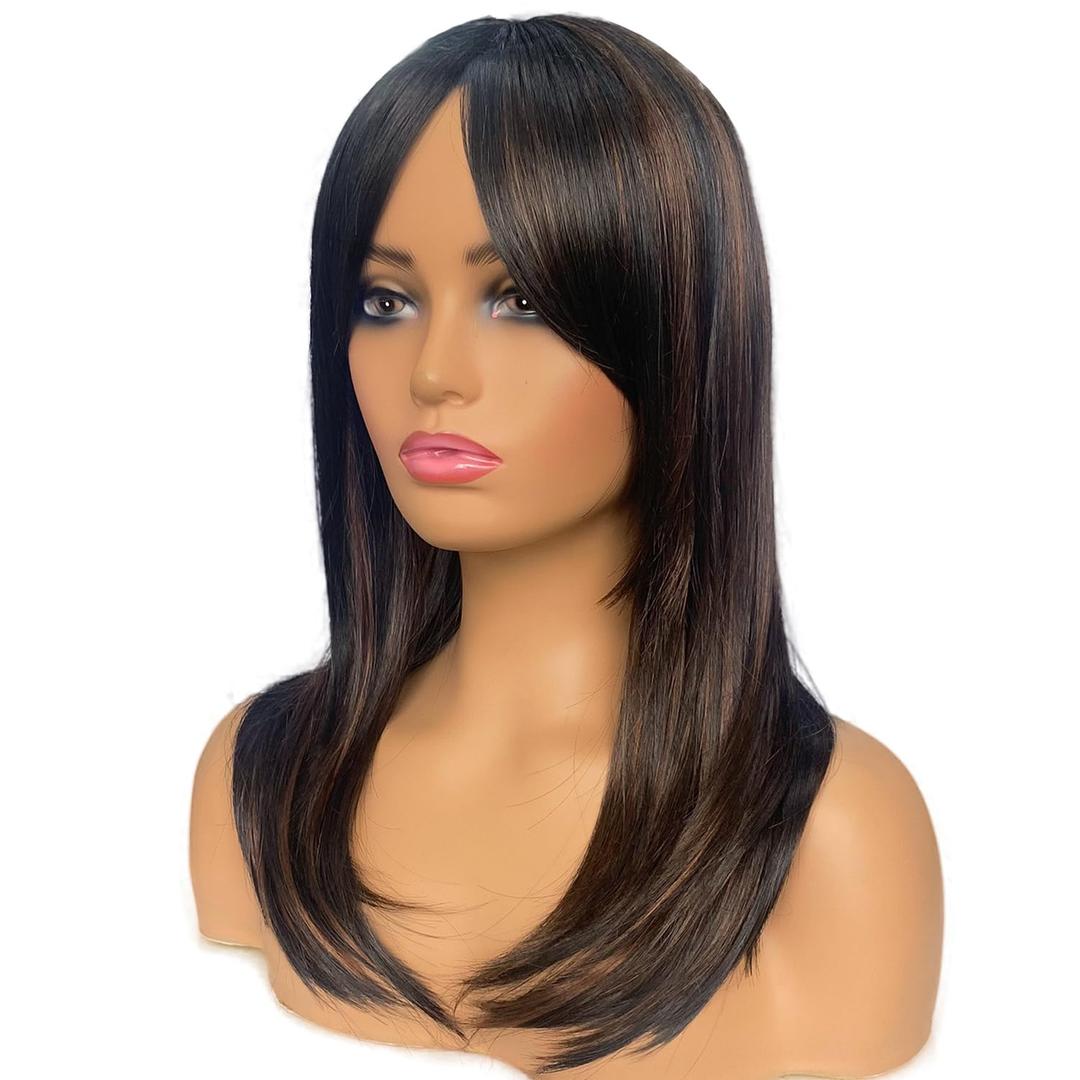 Long Wig with Bangs Black and Brwon Layered Wig for Women Natural Looking Heat Resistant Wigs (20 inch)