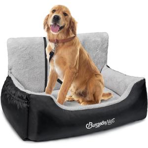 BurgeonNest Dog Car Seat for Medium/ Large Dogs Under 55 lbs, Soft Pet Car Travel Home Bed, Fully Detachable and Washable Booster Carseats with Storage Pockets and Clip-On Leash Portable Carrier, Black