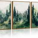 Tinonedraw Watercolor Forest Framed Canvas Wall Art Set, Modern Pine Tree Wall Painting, Nature Foggy Landscape Wall Decor, Misty Mountain Art Prints for Bedroom Living Room Farmhouse Office 16"x24"x3