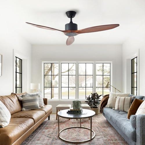 52 inch 3 blade Wood ceiling fan without light, Noiseless Reversible DC Motor Walnut Ceiling Fan Without Light for Farmhouse Patio Living Room Bedroom, Indoor Outdoor Ceiling Fan with Remote