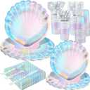 144 Pcs Mermaid Themed Party Supplies Party Decorations Under the Sea Party Tableware Includes Clam Plates Napkins Cups Plastic Spoons Fork Knives for Baby Shower Birthday (7, 9 Inch)