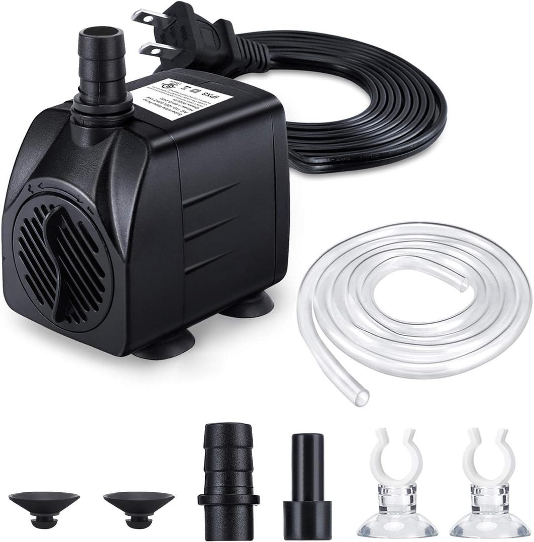 CWKJ Fountain Pump, 220GPH(15W 900L/H) Submersible Water Pump, Durable Outdoor Fountain Water Pump with 6.5ft Tubing (ID x 1/3-Inch), 3 Nozzles for Aquarium, Pond, Fish Tank, Water Pump Hydroponics