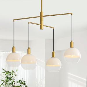 GlowHub Modern Gold Chandelier Mid-Century Milk White Glass Globe Pendant Light Sputnik Chandelier 4-Light Hanging Light Fixture Vintage for Dining Room Foyer Living Room Staircase, 30" Wide