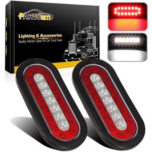 Partsam 2Pcs 6.3" inch Oval Truck Trailer Led Tail Stop Brake Lights Taillights Running Red and White Backup Reverse Lights, Sealed 6.3 inch Oval led Trailer Tail Lights w reflectors Flush Mount