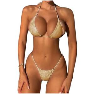 SOLY HUX Women's Metallic Bathing Suit Halter Micro Triangle Top Swimsuit String Thong Two Piece Bikini Sets, Size M