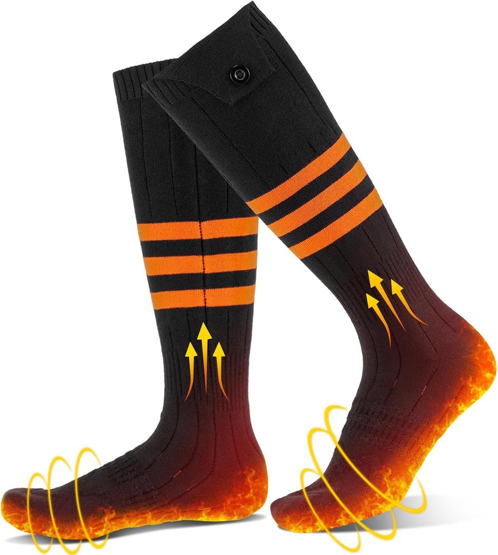 Heated Socks for Men Women, Rechargeable Electric Heated Socks with 4 Heating Levels, Washable Warm Socks for Winter Hunting Outdoor Working Skiing Hiking Cycling Camping Fishing (Black & Stripe Orange)