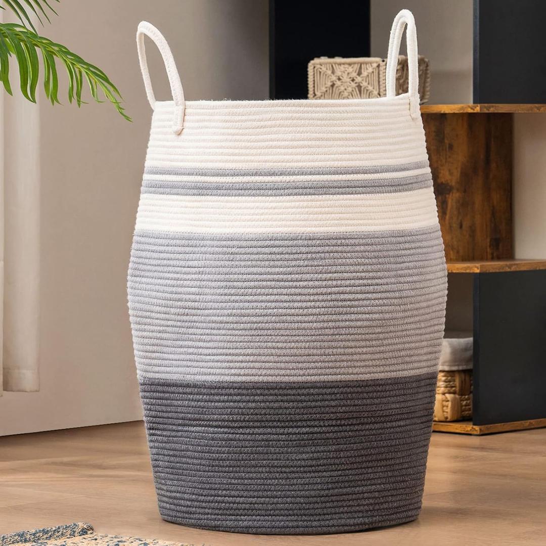 Cotton Rope Laundry Hamper by YOUDENOVA, 105L - Woven Collapsible Laundry Basket - Clothes Storage Basket for Blankets organizing, Bedroom Storage, Clothes Hamper Grey