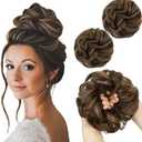 SARLA 2PCS Messy Hair Bun Hair Pieces Wavy Curly Synthetic Updo Fake Scrunchies Ponytail Extension for Women Coffee Brown