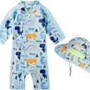 Baby Boy Swimsuit Rash Guard Toddler Sun Protection Swimwear Infant One Piece Bathing Suit with Sun Hat (18-24 Months, Aqua Dinosaur)