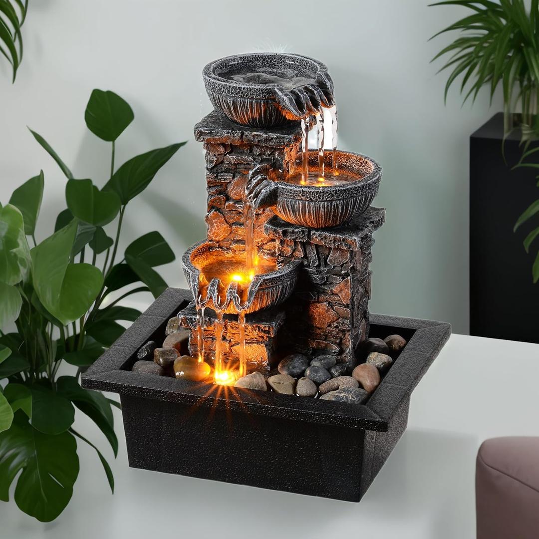 Kalona Tabletop Fountain 3 Bowls with LED Light Soothing Water Flowing Sound Fountain Zen/Meditation Home/Office Decor Home Dcor Relaxation Indoor (23113)