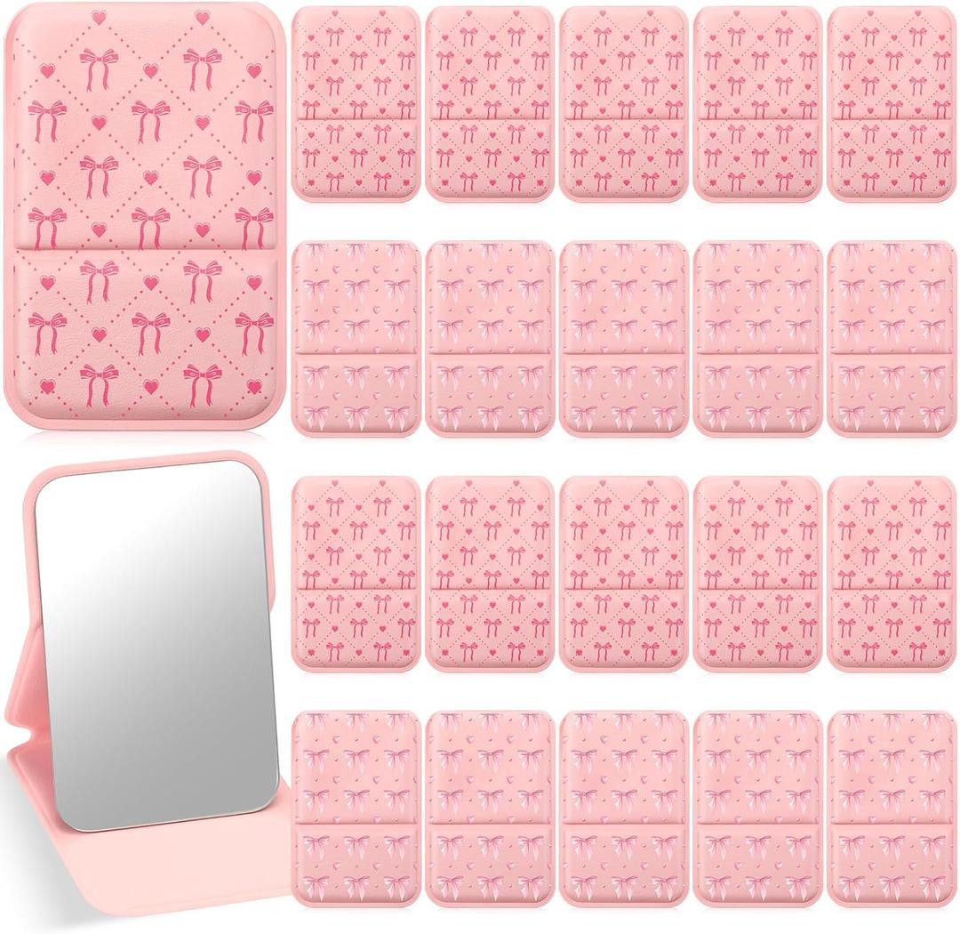 Amyhill 24 Pcs Party Favor Compact Fold Mini Mirror Preppy Bow Gift for Women Birthday Bridal Shower Bachelorette Graduation Party Supplies (Folding,Peach)