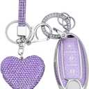 for Nissan 3 Buttons Key fob Cover with Diamond Heart Keychain, Car Accessories TPU for Rogue Armada Pathfinder Versa Smart Key, Purple