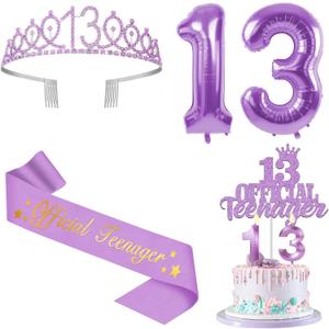 13th Birthday Decorations for Girls Purple with 13th Birthday Sash and Crown, Cake Topper and Candles, Number Balloons, 13 Year Old Gifts for Girls