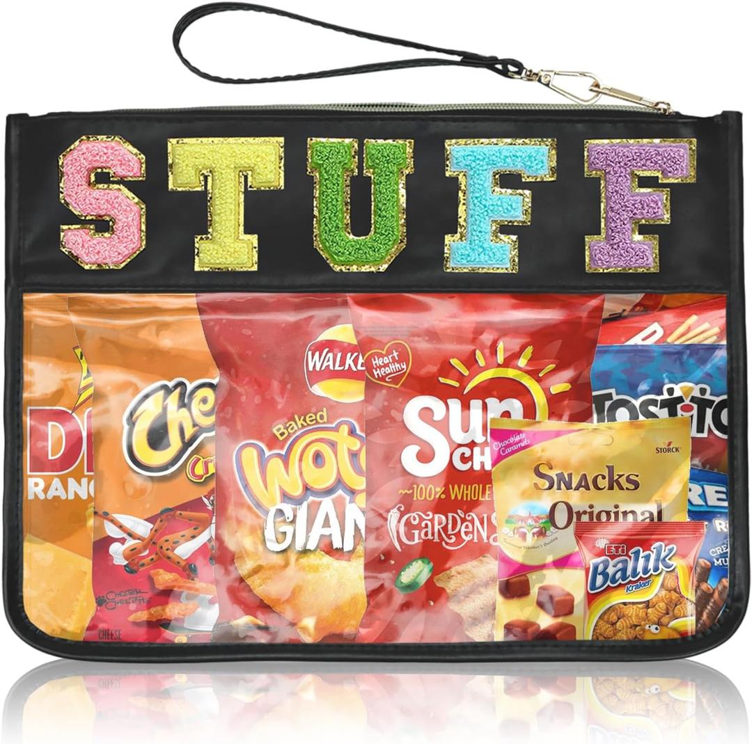 Siwara Snack Bags Clear Pouch Travel Makeup Bag Chenille Letter Bags for Zipper Pouch Clear Cosmetic Bag Clearly Tote Bag Makeup Travel Bags for Women (Black--Stuff)