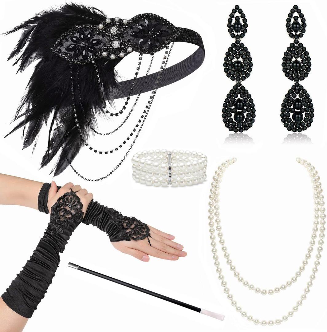 BABEYOND 1920s Flapper Accessories Gatsby Costume Accessories Set 20s Flapper Headband Pearl Necklace Gloves Plastic Holder