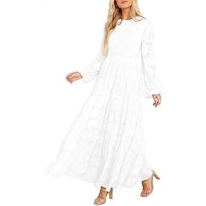 MITILLY Women's Elegant Floral Long Sleeve Round Neck Smocked A-Line Flowy Tiered Maxi Dress with Pockets M