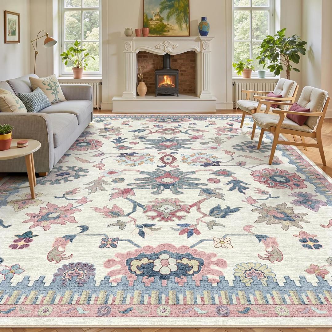 8x10 Washable Area Rugs - Modern Oushak Rug Vintage Floral Carpet for Living Room Non-Slip Low Pile Soft Machine Washable Carpet for Bedroom, Dining Room, Nursery, Farmhouse (8'x10', Pink and Blue)