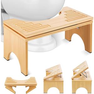 Foldable Toilet Stool 7.1 Inches Adjustable Height Bamboo Potty Stool for Adults with Built-in Bracket, Wooden Toilet Foot Step Stool for Bathroom, Better Posture & Digestion