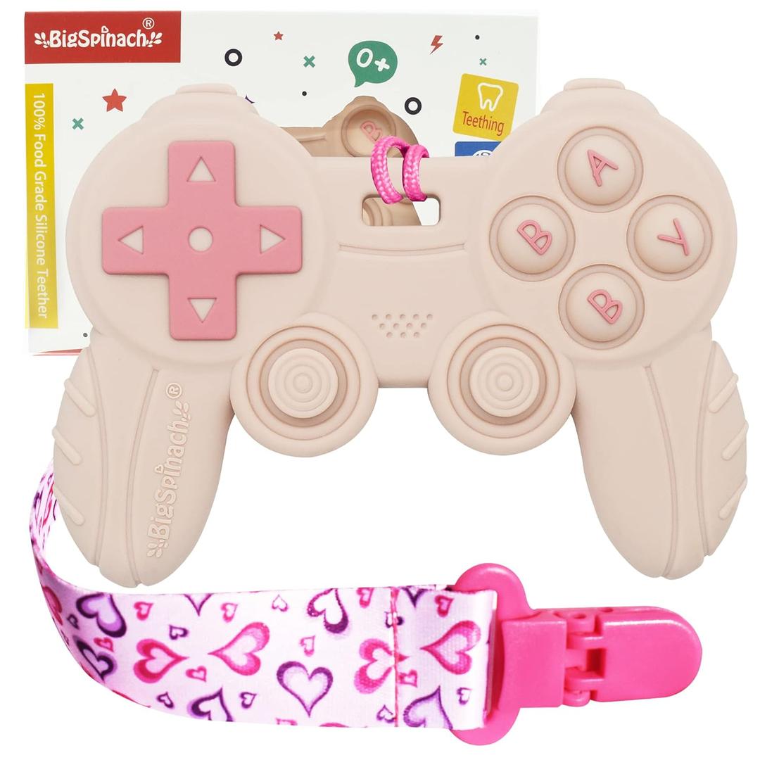 Cool Remote Game Control Teething Toy for Babies 0-6 6-12 Months,Game Controller Teether for Gamer Parents,Baby's First Valentines Day Gifts,Silicone Remote Chew ToysPink