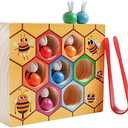 Toddler Fine Motor Skill Toy, Clamp Bee to Hive Matching Game, Montessori Wooden Bee Hive Toys, Wood Color Sorting Puzzle Early Learning Preschool Educational Gift for 2 3 4 Years Old Kids