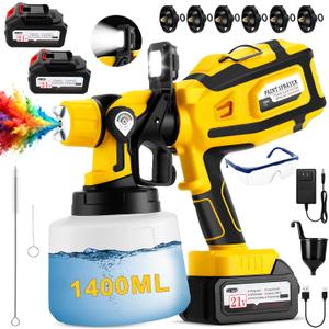 Cordless Paint Sprayer with LED Light, 2 * 4000mAh 21V Battery, 6 Nozzles & 3 Spray Modes, Spray Paint Gun with 1400ML Container, Handheld Paint Sprayer for House Painting Furniture Cabinets, Yellow