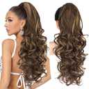 ALXNAN Ponytail Extension,24 Inch Claw Clip in Long Curly Wavy Chocolate Brown with Highlights Ponytail Hair Extension Jaw Clip on Pony Tails Hairpiece for Women
