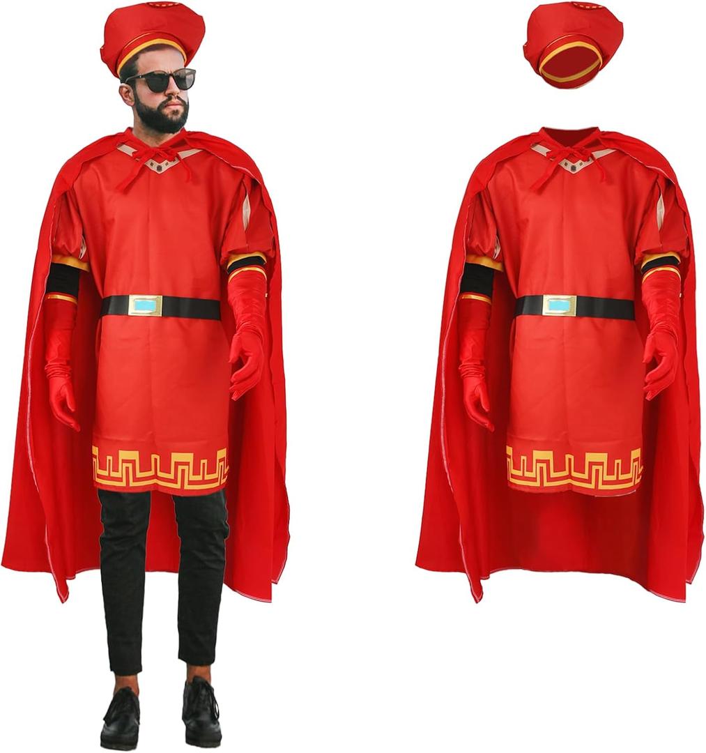 Men Costume Red Cloak Top King Hat Outfits Halloween Farquaad Unisex Costume Cape Cloak Full Set Cosplay (3X-Large)