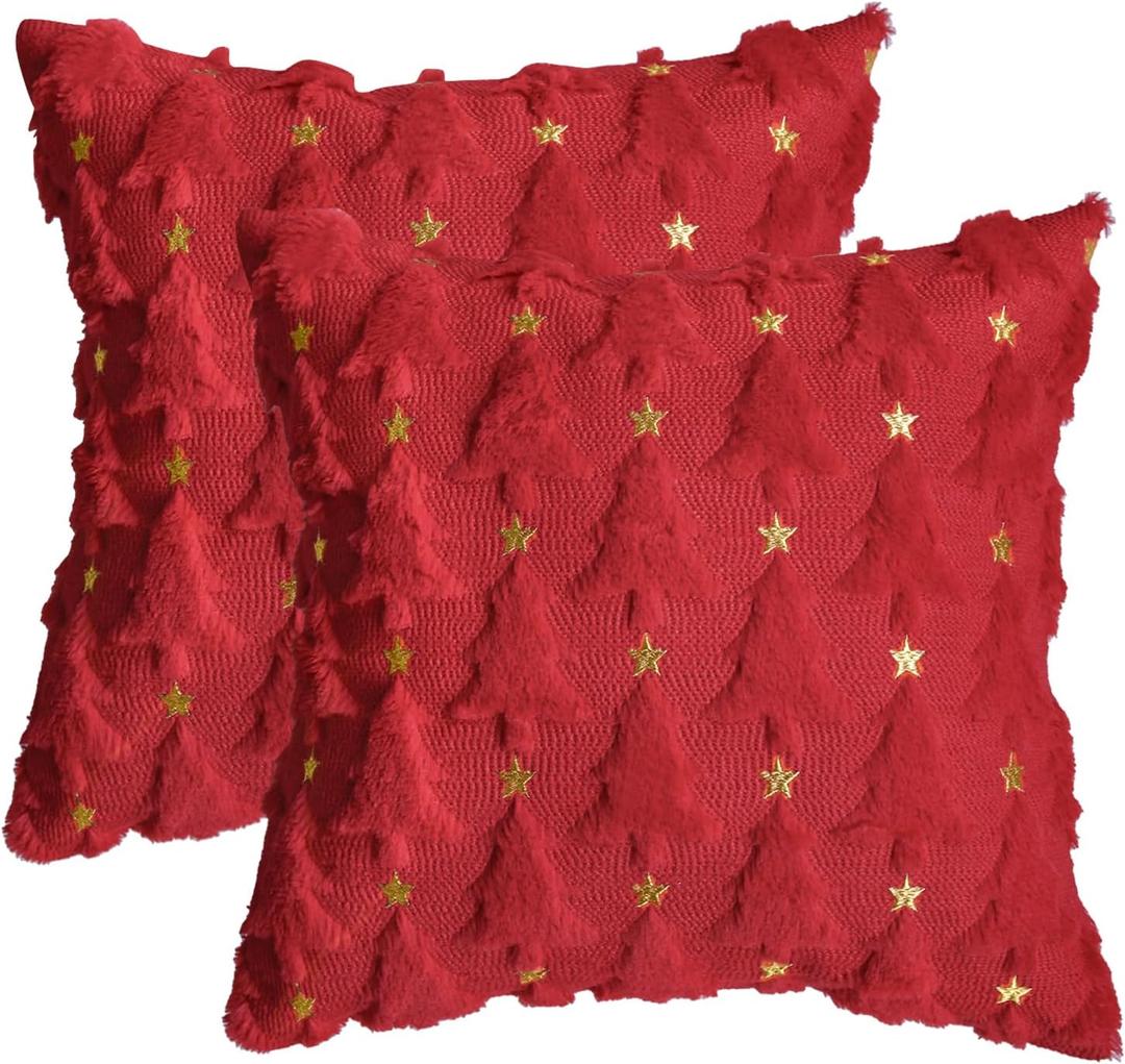 AVOIN colorlife Christmas Tree Star Red Throw Pillow Cover Set of 2, 18 x 18 Inch Soft Plush Faux Fur Jacquard Festivals Winter Cushion Case Decoration for Sofa Couch