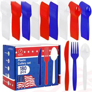 180 Pieces 4th of July Plastic Silverware Heavy Duty Plastic Cutlery Set Disposable Utensils Includes Spoons Forks Knives for Memorial Day Decorations Utensil Flatware Independence Day